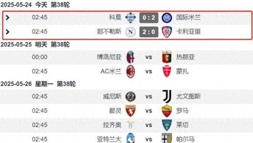 意甲争冠谢幕 前二球队同时2-0赢球 那不勒斯力压国际米兰1分夺冠