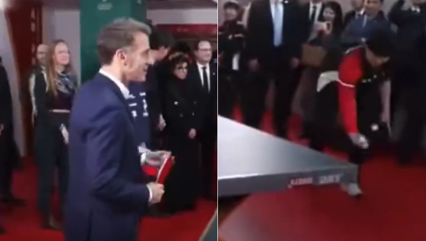 马克龙与王楚钦林诗栋对练乒乓球：王楚钦反手暴抽，现场掌声雷动