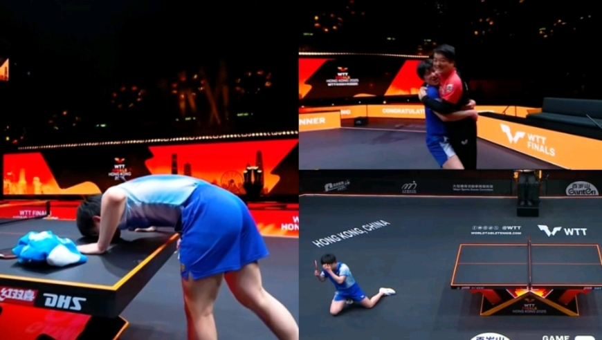 抱头跪地！张本智和夺冠后亲吻球台，蹦跳着奔向教练一把把他抱起