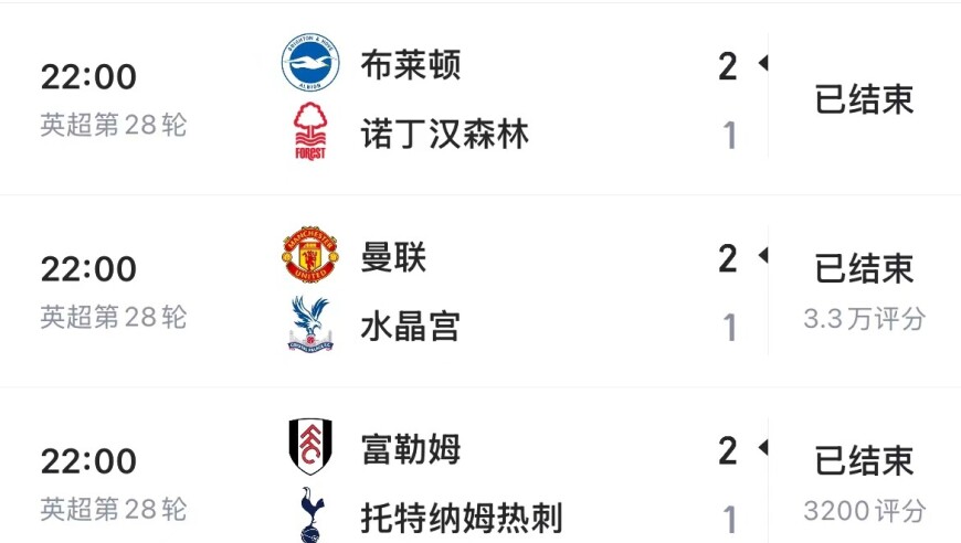 巧了！英超28轮最后一日，四场比赛全部以主队2-1获胜结束