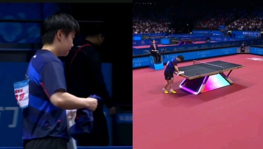 孙颖莎局间两次自己拿毛巾擦球台，衣服被汗浸透向裁判申请换衣服