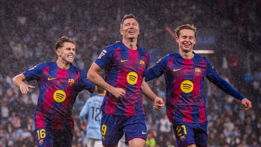 巴萨4-2塞尔塔集锦：莱万戴帽亚马尔破门 费尔明造点德容染红