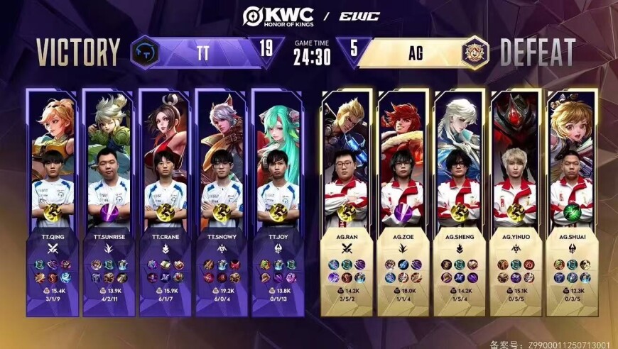 EWC王者荣耀：银河战舰巅峰对决获胜，AG 4-3 TT首夺EWC冠军