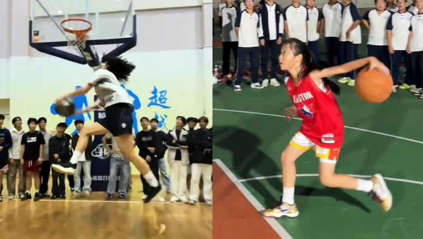 11岁女生戏耍高两个头的壮汉！背转身人球分过+360度拉杆