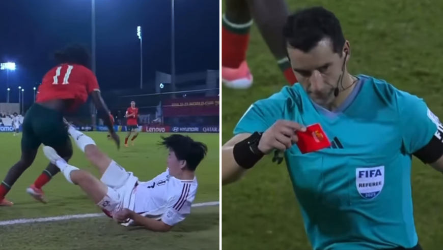 断子绝孙脚！日本U17中场球员倒地后蹬踏对手，主裁判直接将其罚下