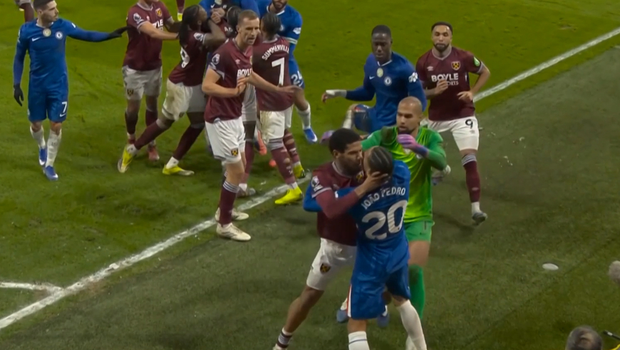 切尔西补时大规模冲突全过程：西汉姆悍将情绪爆发如野兽锁喉染红，佩德罗一挑三点完火就跑