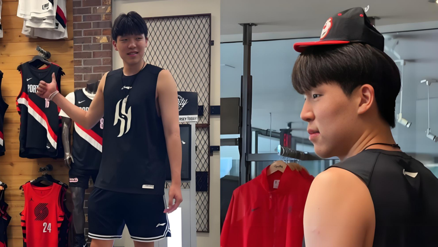 杨瀚森现身球迷商店买装备：小帽戴头真逗，买一大一小球衣送人？