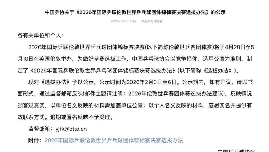 国乒公布伦敦世乒赛参赛资格名单：王楚钦、樊振东、林诗栋、周启豪，孙颖莎、王曼昱、陈幸同、蒯曼；选拔未完成，尚未确认最终参赛名单