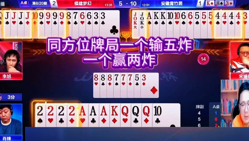 同方位牌局，一个输五炸一个赢两炸！