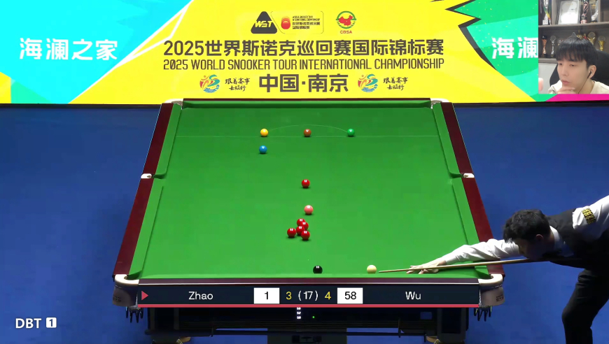 赵心童国锦赛边库黑球开枪，低杆发力K散球堆，强势翻盘扳平比分