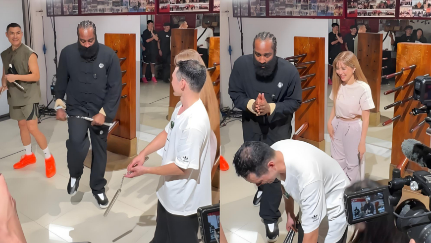 哈登穿唐装练双节棍，被绕棍难住搞笑发泄，误伤摄影师后连忙道歉