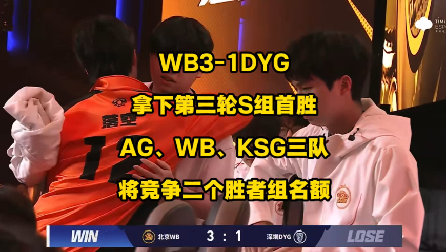 WB3比1DYG拿下第3轮S组首胜，S组晋级格局演变为AG、KSG、WB三队竞争两个名额，而DYG已锁败者组！
