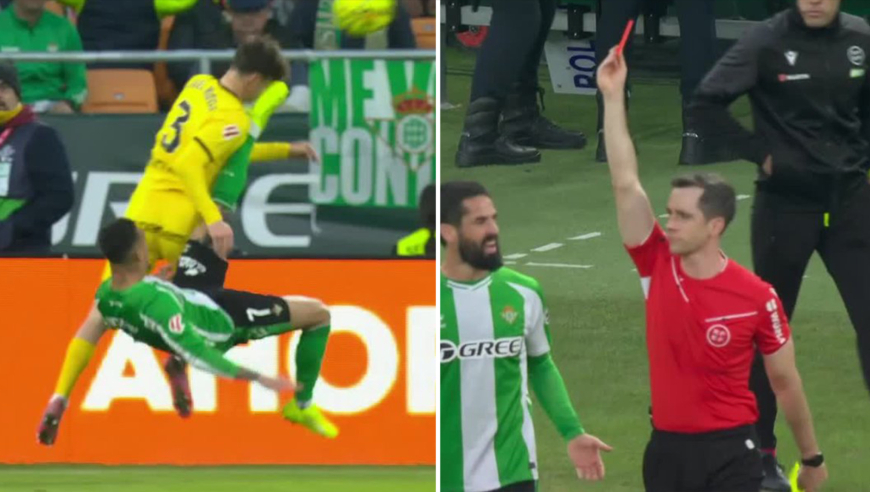 看着都疼！安东尼倒钩不慎踢到对手面部 主裁判回看VAR后出示直红