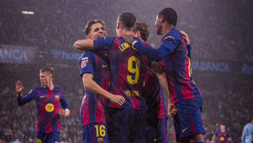 西甲： 巴萨4-2塞尔塔 莱万戴帽 拉什福德助攻双响 亚马尔破门