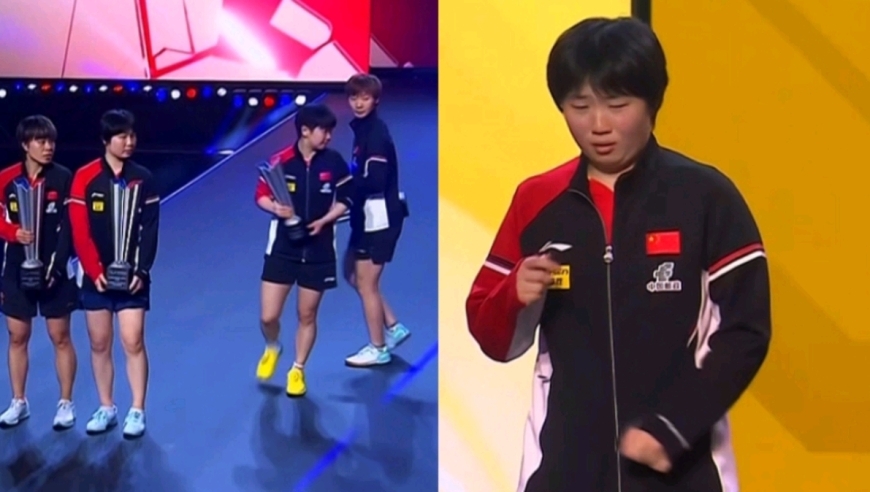 WTT大满贯赛女双颁奖仪式：蒯曼现表情包，“海产姐妹”又走错路