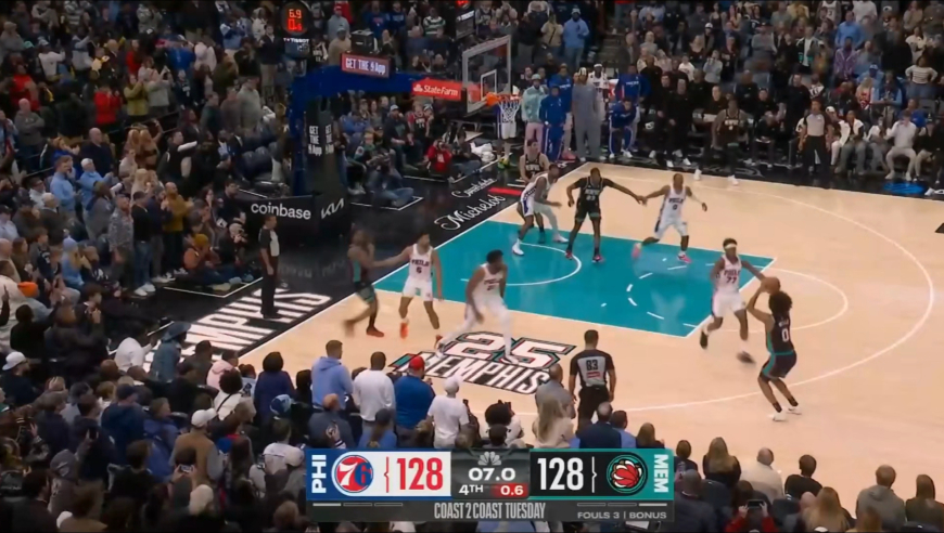 惊魂一分钟！莫兰特关键球扳平 恩比德三分不中 灰熊绝杀球连续不中，76人VS灰熊进加时