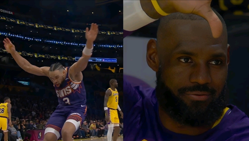 狄龙暴扣后模仿詹姆斯庆祝，背打布朗尼却走步：老詹倒竖拇指嘲讽