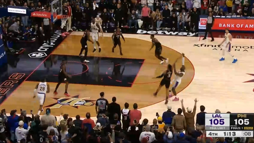 惊魂一分钟！詹姆斯连得关键5分 东契奇两罚全中，湖人险胜76人