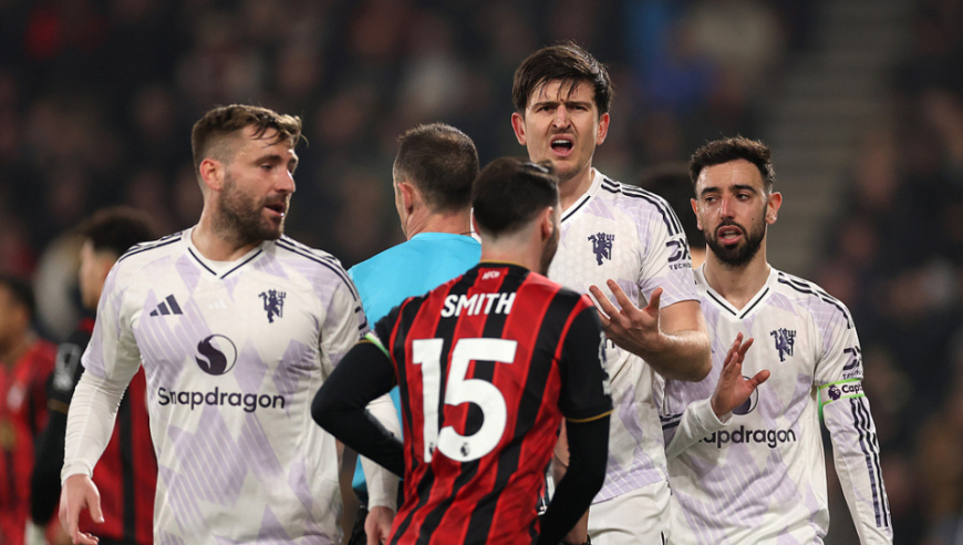 曾两度领先！英超：十人曼联2-2伯恩茅斯 B费造2球 马奎尔染红+送点