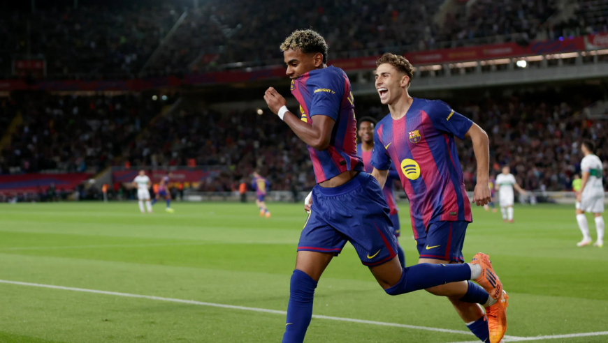 升西甲第二落后皇马5分！巴萨3-1埃尔切：亚马尔费兰拉什福德破门