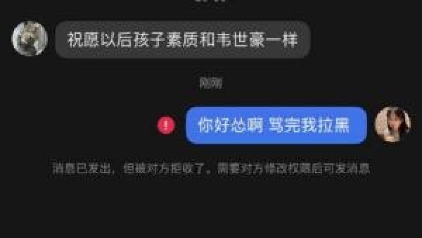 骂完就拉黑！韦世豪妻子晒被私信辱骂截图