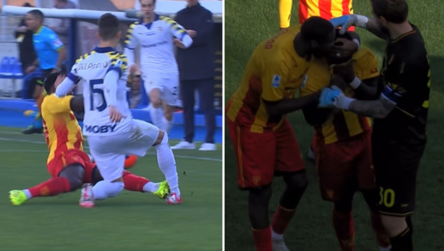 意甲再现杀人技！莱切边锋亮鞋钉飞铲对手染红 捂住脸崩溃哭泣离场