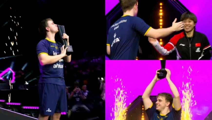 男单颁奖仪式：莫雷加德主动与王艺迪握手，高举并亲吻奖杯，松岛全程严肃