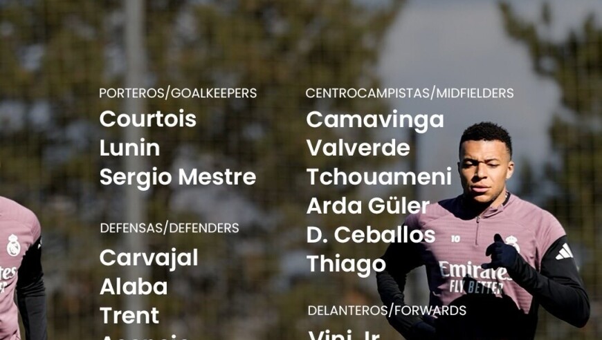 皇马客战奥萨苏纳大名单：姆巴佩/维尼修斯领衔，赫伊森缺阵