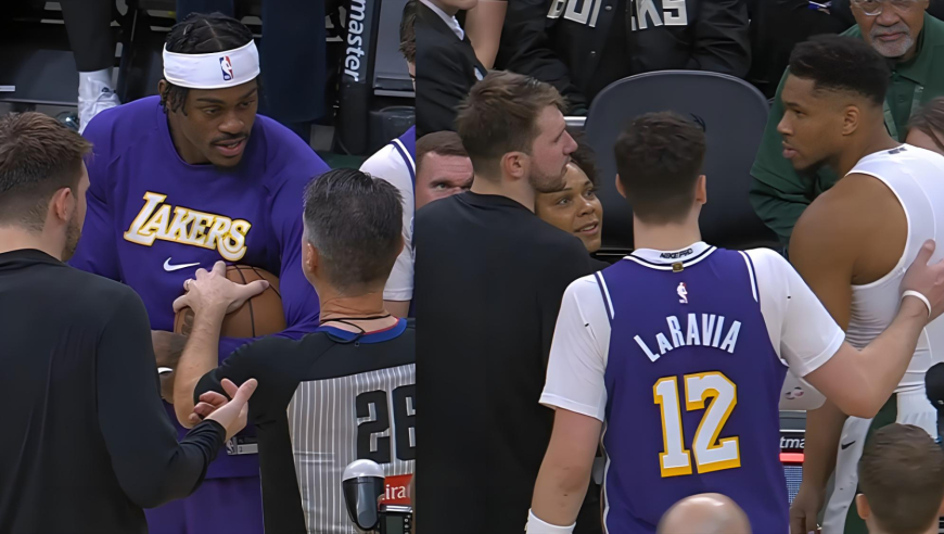 湖人全队想拿比赛球，裁判反抢引里夫斯摊手不解，字母哥出面解围