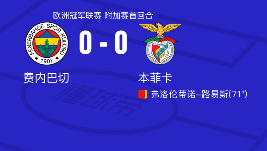 费内巴切0-0本菲卡，场面火爆，两队9人染黄