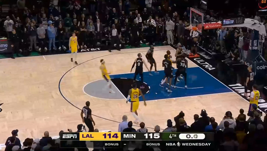 惊魂一分钟！兰德尔上篮反超 里夫斯压哨绝杀，湖人险胜森林狼