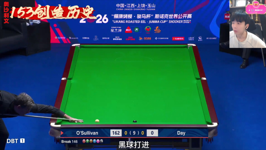 奥沙利文单杆153分创历史新高度，总得分169分，无与伦比