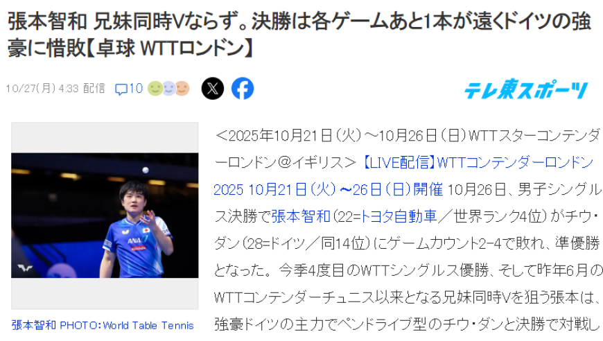 张本智和拒戴亚军奖牌，日本媒体和网民开始看衰其未来：上限已定