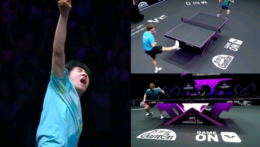 奥运亚军被打破防！气到用脚踢球还想砸球桌，温瑞博获胜握拳冲天怒吼